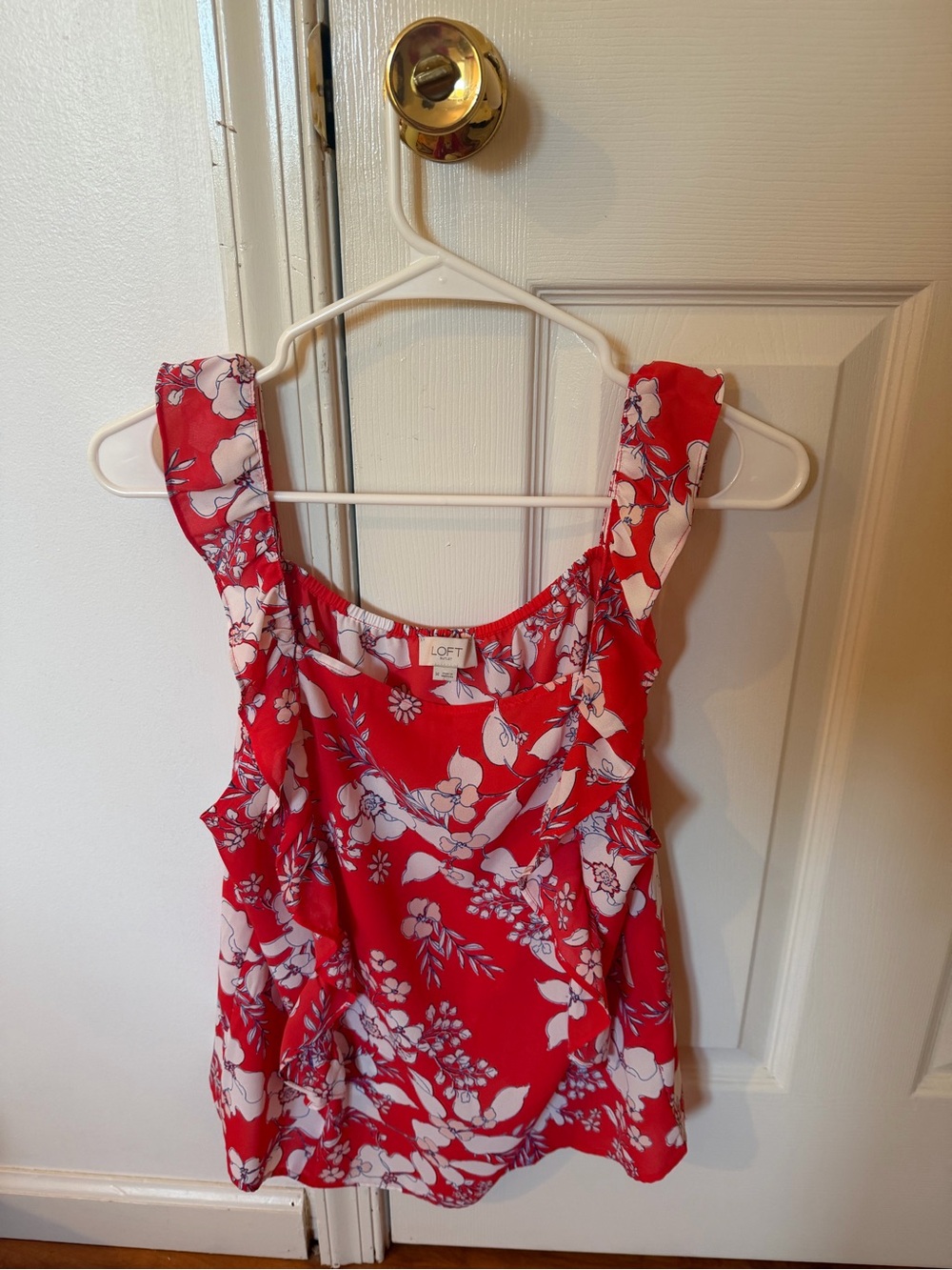 LOFT Woman’s Red Floral Ruffle-Sleeve Blouse Top Medium